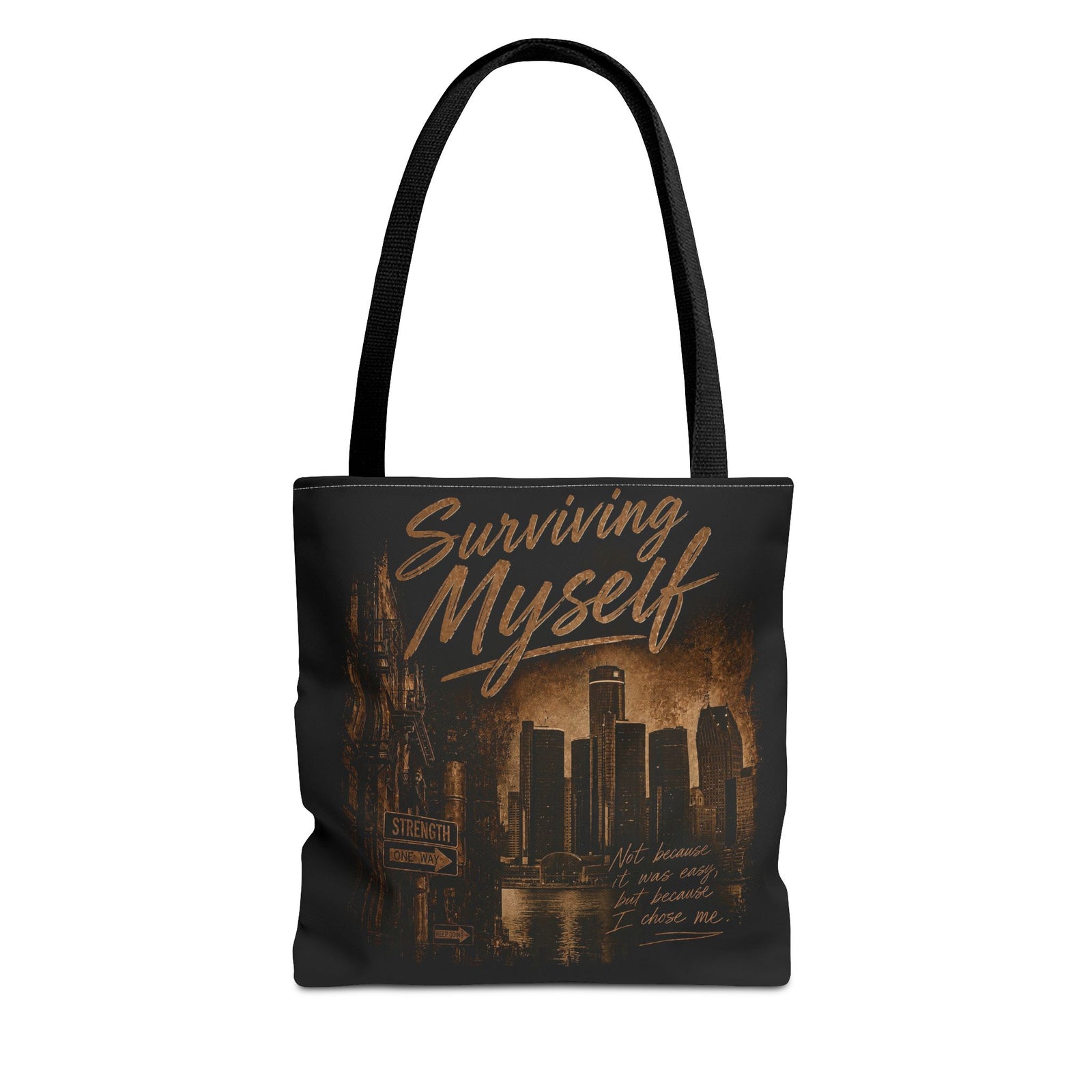 Surviving Myself / From Surviving to Thriving Tote Bag — Inspirational Motivational Cityscape Tote
