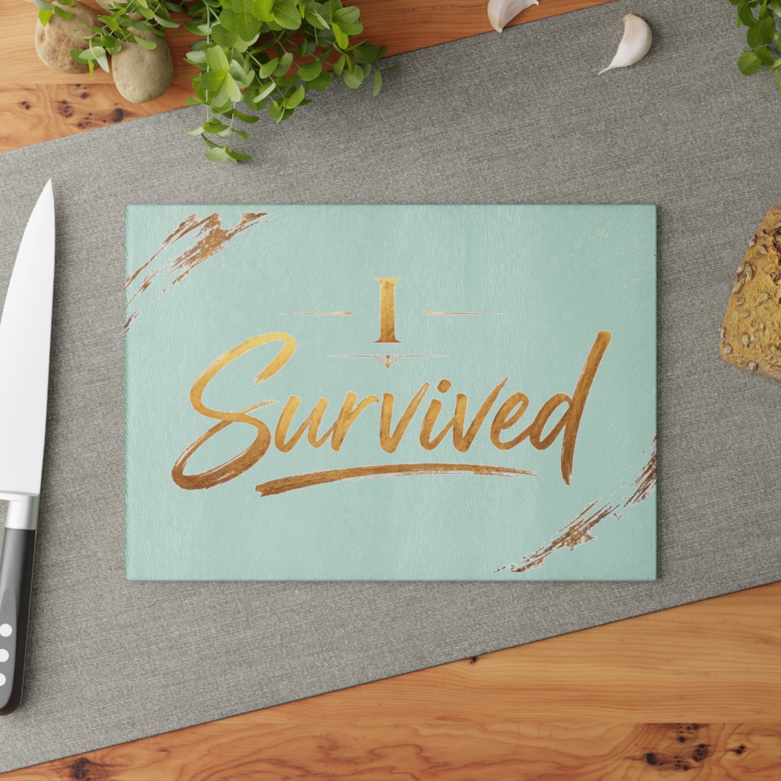I Survived Glass Cutting Board – Inspirational Mint Decorative Kitchen Board