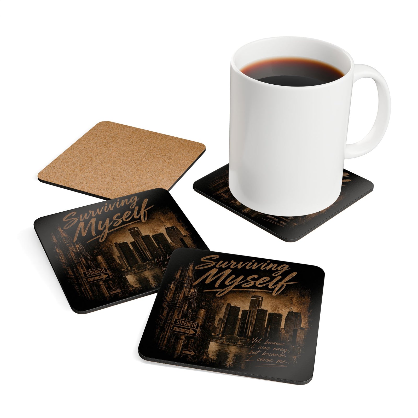 Surviving Myself Corkwood Coaster Set — Inspirational Cityscape Drink Coasters
