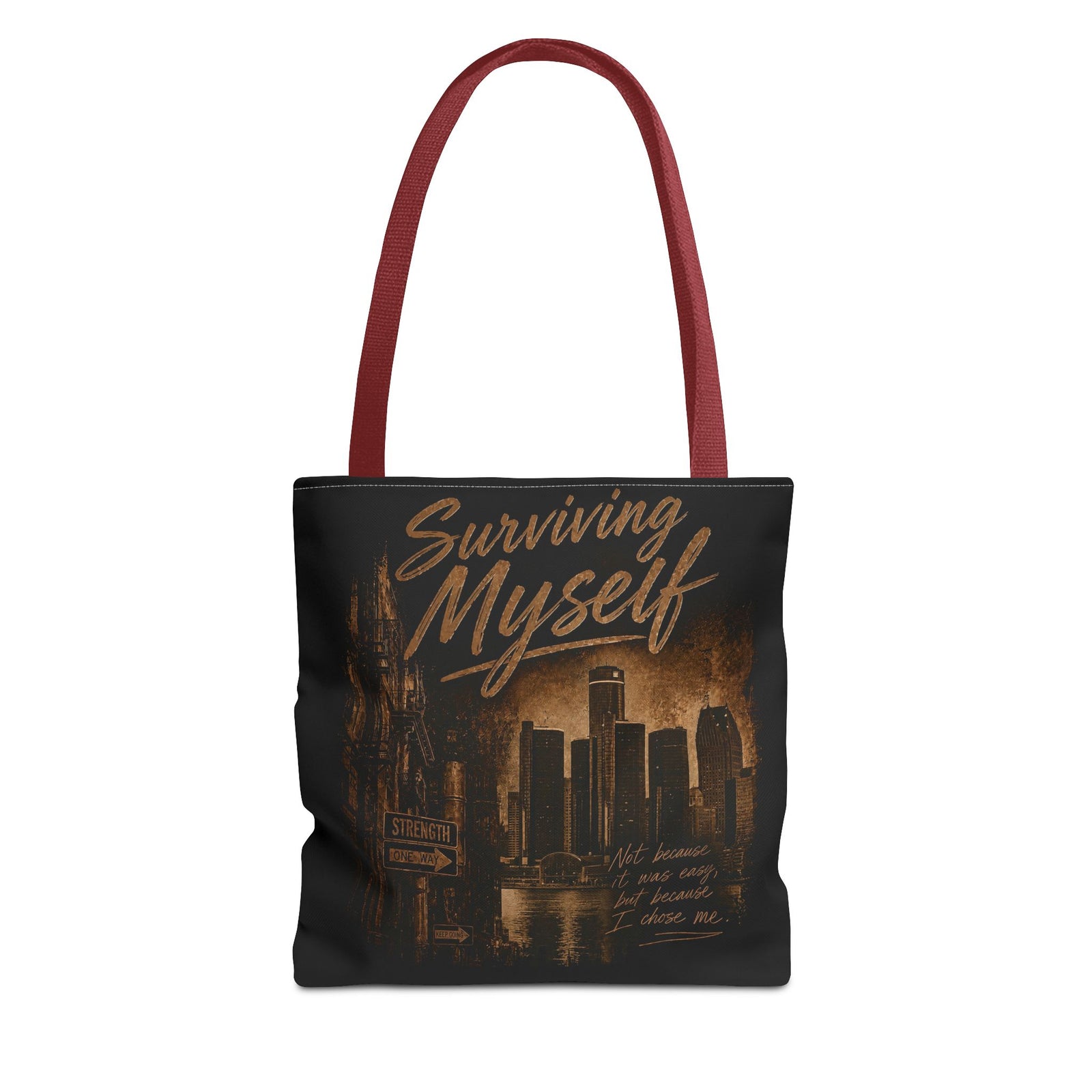 Surviving Myself / From Surviving to Thriving Tote Bag — Inspirational Motivational Cityscape Tote