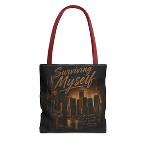 Surviving Myself / From Surviving to Thriving Tote Bag — Inspirational Motivational Cityscape Tote