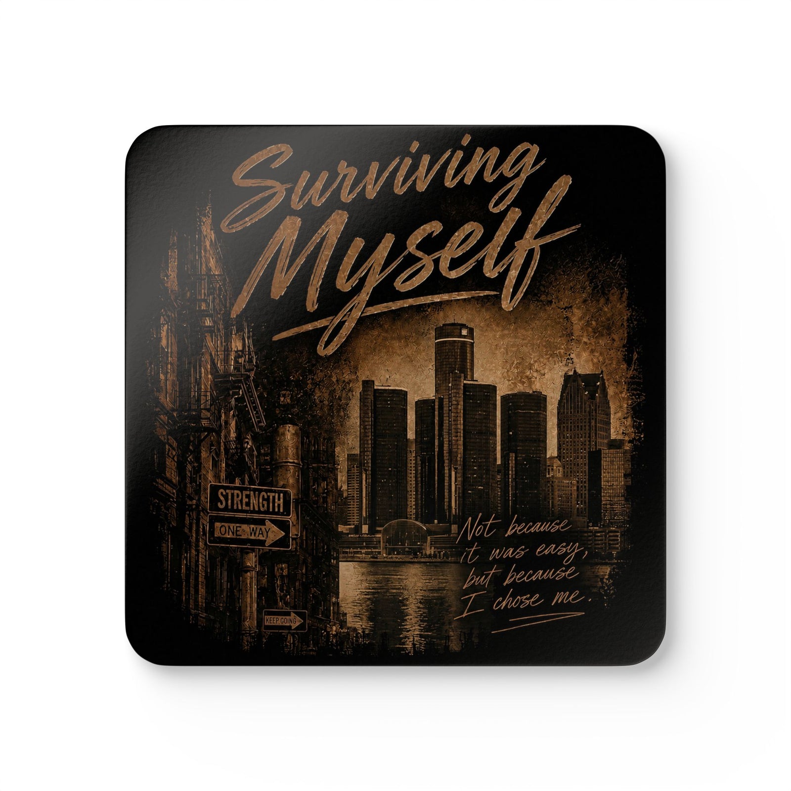 Surviving Myself Corkwood Coaster Set — Inspirational Cityscape Drink Coasters