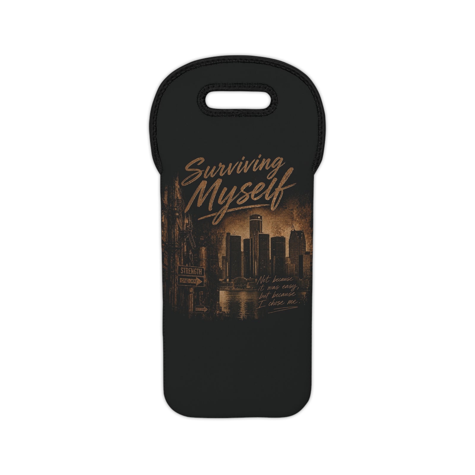 Surviving Myself Wine Tote Bag — Cityscape Vegan Neoprene Bottle Carrier